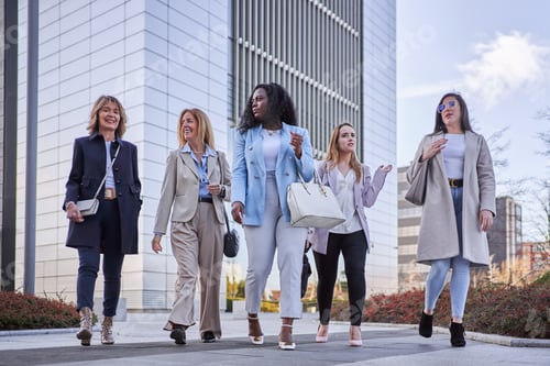 Preview: Businesswomen talking while walking together outdoors in financial district.