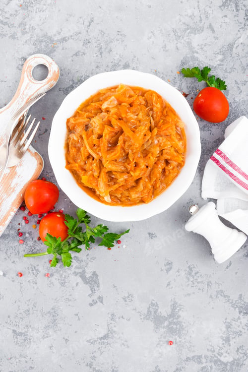 Preview: Cabbage stew. Cabbage braised in tomato sauce