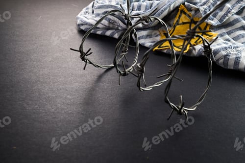 Preview: Jewish prisoner with yellow badge on dark background. International Holocaust Remembrance Day