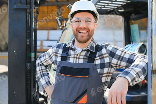 Preview: forklift driver in protective vest and forklift standing at warehouse of freight forwarding company