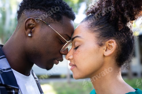 Preview: Young African American loving couple tenderly touching foreheads, sharing a romantic moment.
