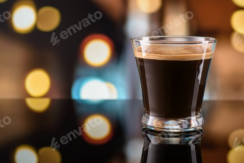Preview: Glass of espresso coffee on the bar counter with blurred background. Copy space.