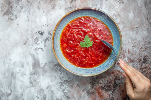 Preview: top view delicious borsch ukrainian beet soup on light white background color meal dish