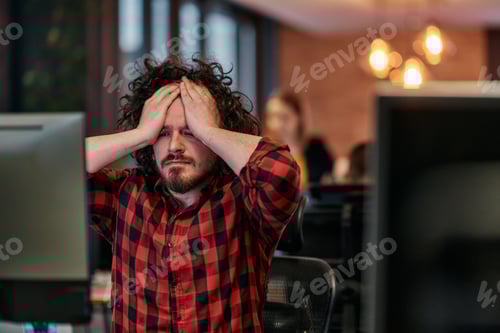 Preview: Disappointed Programmer with Messy Hair Looking at Computer Monitor in Office.
