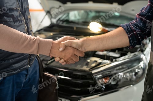 Preview: Young contemporary technician of car service shaking hand of male client