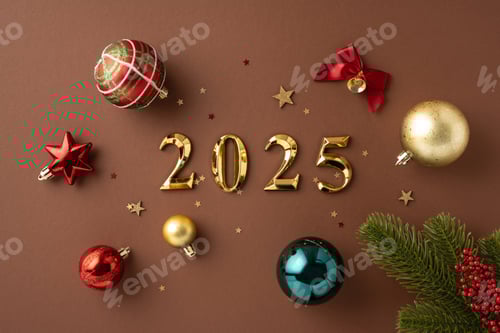 Preview: Celebratory 2025 New Year concept with colorful Christmas ornaments