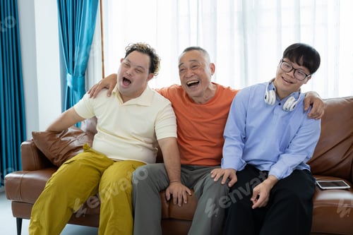 Preview: Autistic disabled children are having fun playing the guitar and singing with their families.