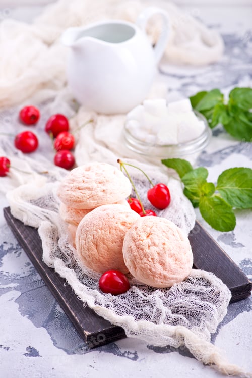 Peach Meringues with Cherries and Fresh Mint