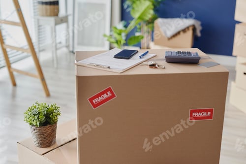 Preview: Detail of big cardboard box in a new house