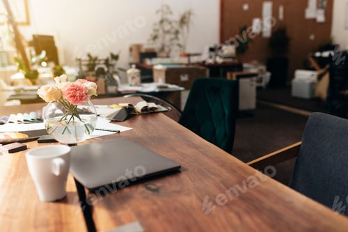 Preview: Interior designer workplace with laptop and fabric color palette