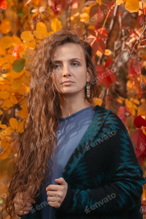 Preview: portrait of a young girl against the backdrop of beautiful autumn leaves