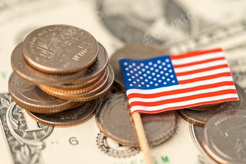 Preview: Stack of coins with USA America flag on white background.
