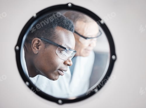 Preview: Science, research and black man in laboratory incubator window for experiment, study and medical te