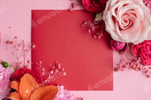Preview: Flowers on red envelope and pink background. Valentines day background.
