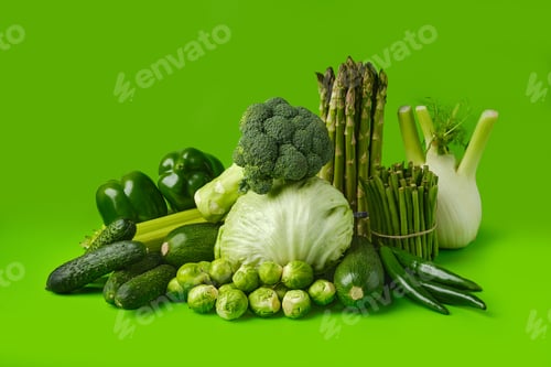 Preview: Various green vegetables on wooden background