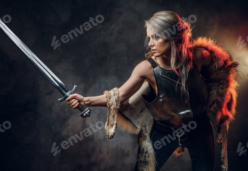 Preview: Portrait of a beautiful warrior woman holding a sword wearing steel cuirass and fur. Fantasy fashion