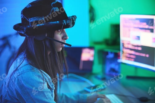 Preview: Hacker headset, computer or neon coding on cybersecurity ransomware, SEO night phishing or code pro