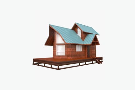 Preview: Wooden cabin with metal roof and elevated deck