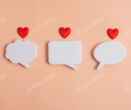 Preview: Chat icons with hearts on a light background. The concept of modern dating.