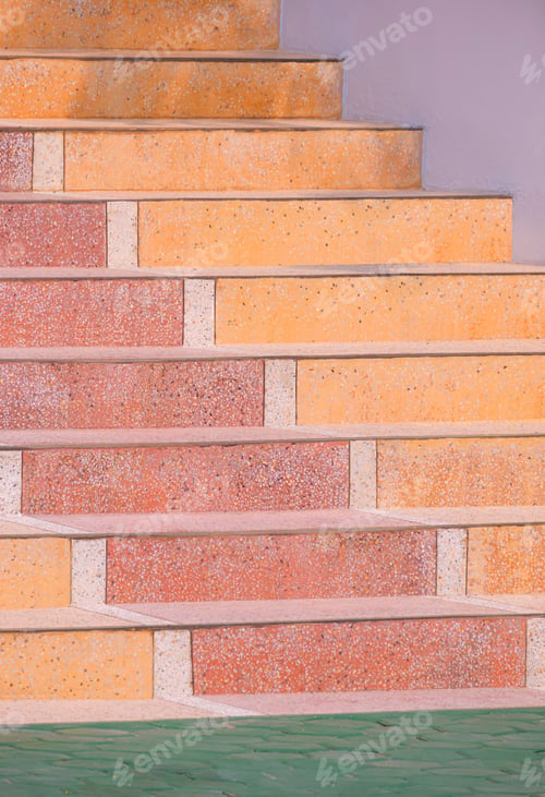 Preview: The old colorful Terrazzo stone Steps of vintage Staircase with green paving stone block floor