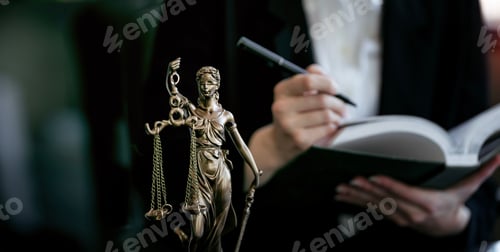 Preview: Statue Of Lady Justice, lawyer holding book in background.