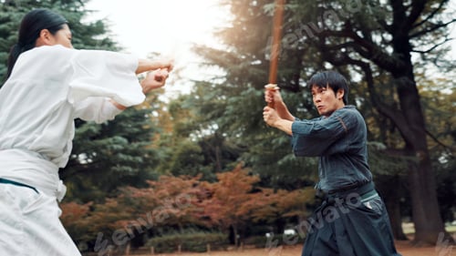 Preview: People, fight and sword in nature for kendo, demonstration movement or fitness challenge in Tokyo.