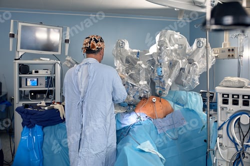 Preview: Surgical system with minimally invasive robot in a hospital. Robotic technological equipment