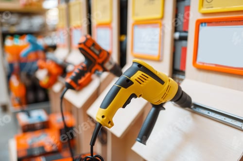 Preview: Hardware store assortment, shelf with drills