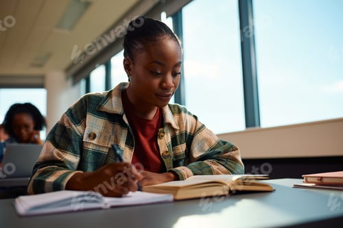 Preview: Black female student taking notes while learning at college classroom.