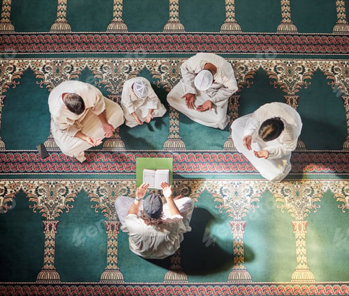Preview: Above mosque carpet, group and quran for faith, religion and prayer for gratitude, peace or mindful