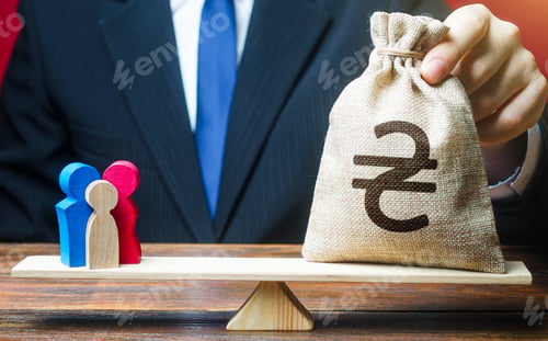 Preview: Man puts ukrainian hryvnia money bag on scales with a family.