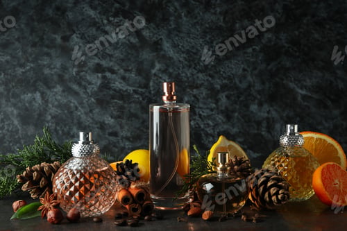 Preview: Concept of natural perfume against black smokey background