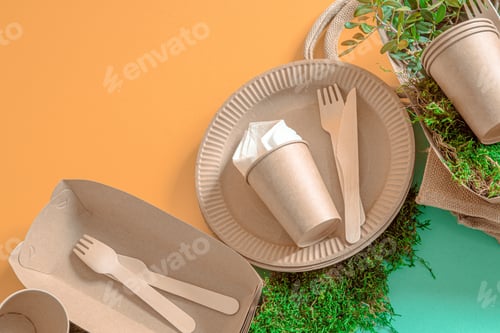 Preview: Eco-friendly, disposable, recyclable tableware on a colored background .