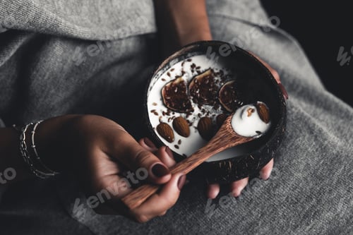 Preview: Healthy breakfast. Сoconut bowl in the hands of a girl with yogurt and figs. Healthy food. Veganism.