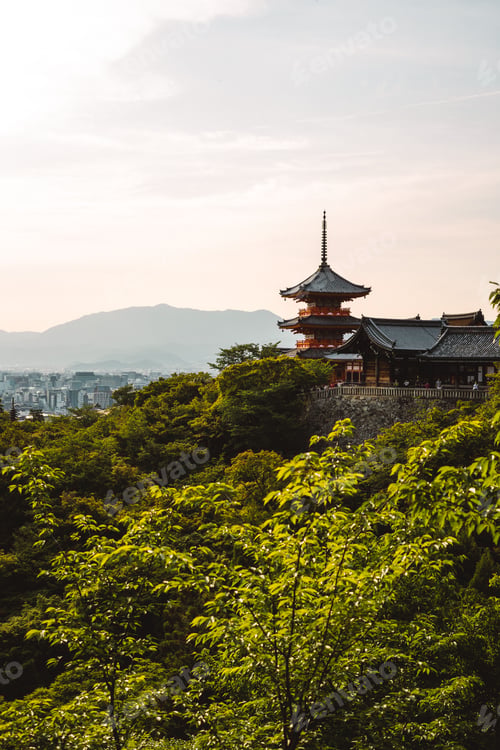 Preview: Kiyomizu-dera Temple in Kyoto, Japan, amidst lush greenery.