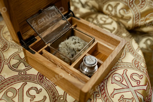 Preview: Wooden Carved Box with Holy Myrrh Jars and Natural Sponge for Orthodox Baptism Chrismation Ceremony