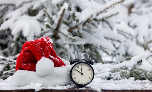 Preview: Santa Claus hat and vintage alarm clock in wooden table in blizzard