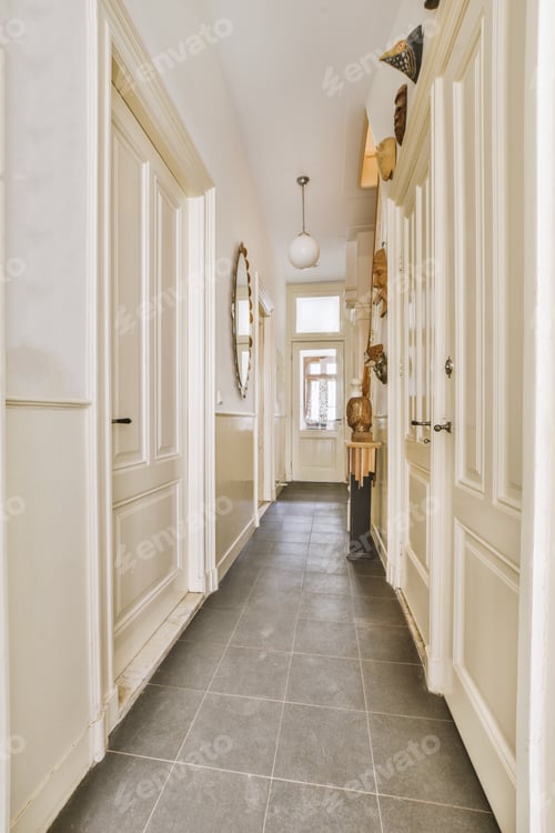 Preview: Narrow corridor with doors and lamp