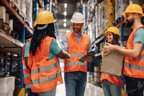 Preview: Warehouse workers shaking hands after a successful deal