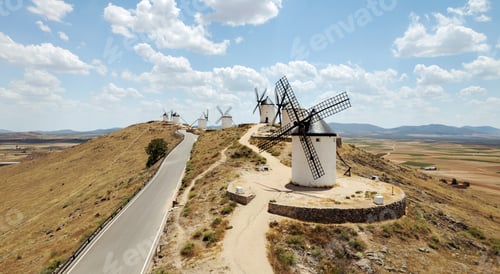 Preview: Consuegra town with windmills located on hill against cloudy sky