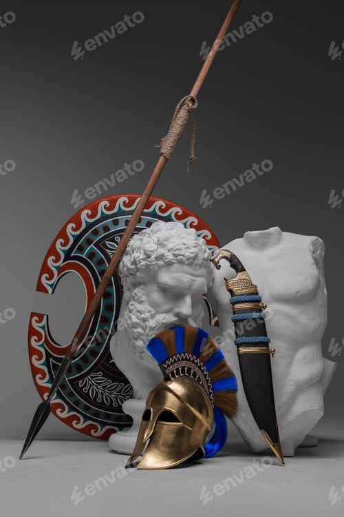 Preview: Antique marble head with body and plumed helmet