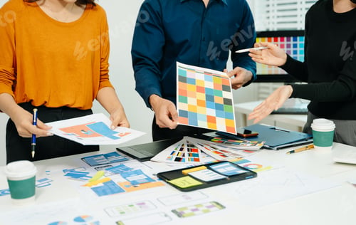 Preview: UX developer and ui designer brainstorming about mobile app interface wireframe design with