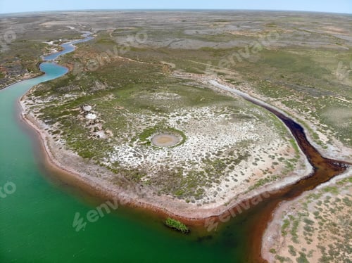 Preview: Small red water river and green water lake in Bogdo-Baskunchak Nature Reserve