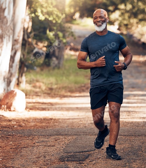 Preview: Music earphones, running and black man in nature for health, wellness and fitness. Radio, podcast a