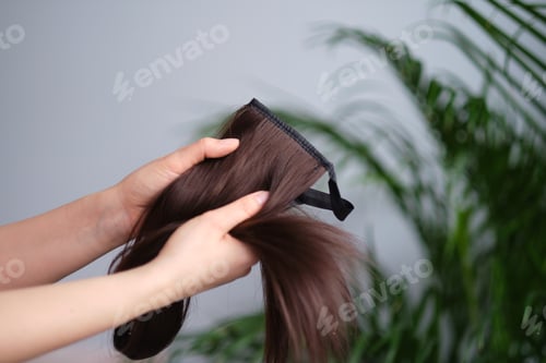 Preview: unrecognizable woman holding false artificial hair in her hands
