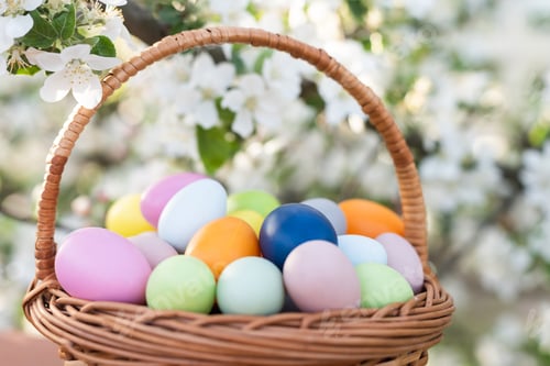 Preview: painted Easter eggs in basket on grass. Traditional decoration in sun light