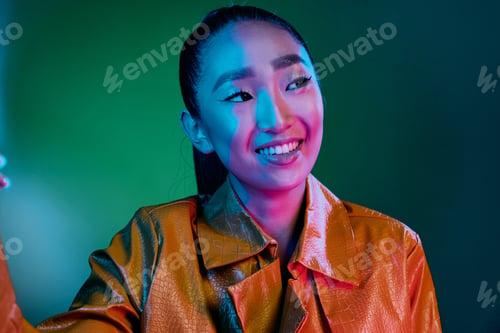 Preview: Woman trendy yellow disco young fashion neon beauty colorful green light