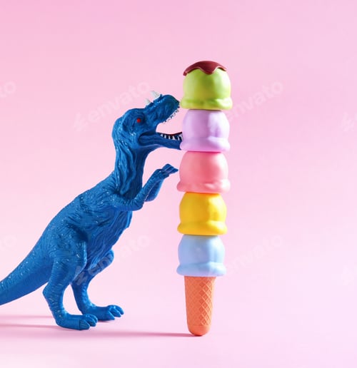 Preview: Happy blue dinosaur holding huge waffle cone with ice cream on pink background.
