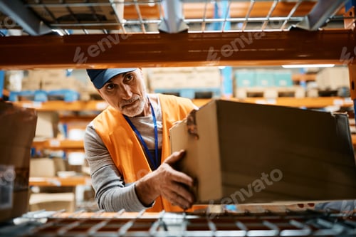 Preview: Mature worker stacking packages on racks while working at distribution warehouse.