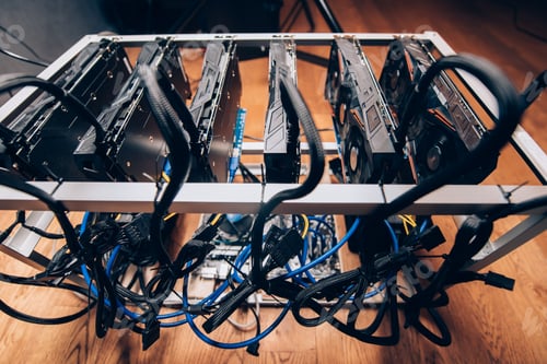 Preview: cryptocurrency mining rig. details of graphics card mining rig with power supply